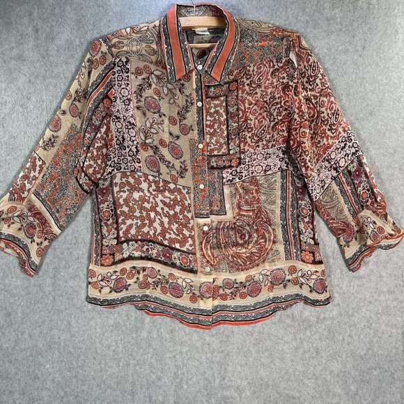 Nicola Blouse Women Medium Pink Black Beige Sheer Boho Button up flowers western - Picture 2 of 11